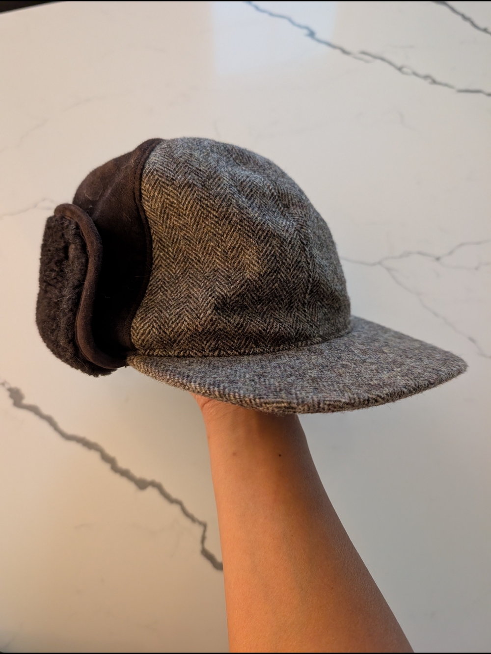 Ugg Brown Herringbone Wool and Suede Leather Earflap Cap